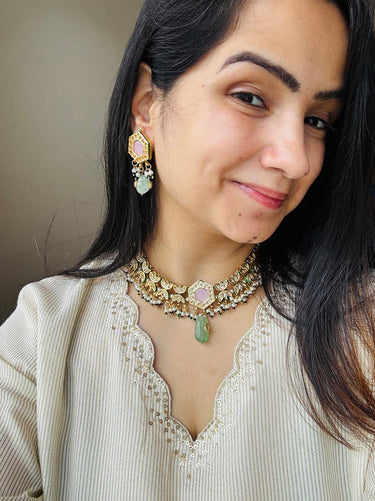 Pink Mint Kundan Necklace Set